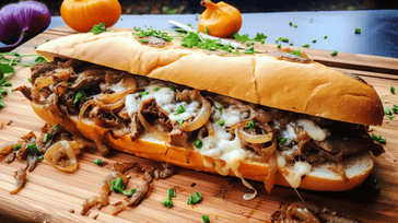 Philly Cheesesteak Sandwich with Sautéed Onions and Melted Cheese